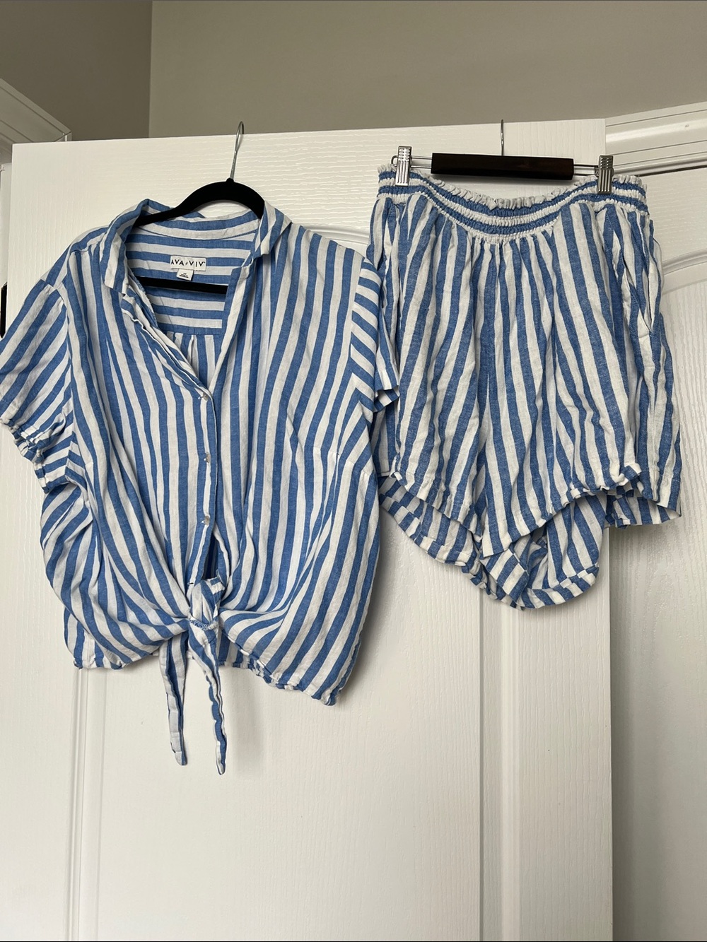 Ava & Viv Blue and White Striped Tie-Front Top, Shorts and Pants Set
